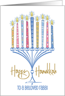 Hanukkah for Beloved Rabbi with Blue Menorah and Decorated Candles card