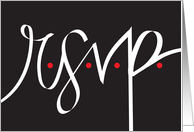 Hand Lettered R.S.V.P. White Lettering on Black with Red Dots card