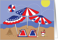 Fourth of July Beach Trio of Patriotic Umbrellas Beach Ball and Towels card