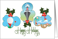 Hand Lettered Christmas Travel Agent with Golf, Cruiser and Sailboat card