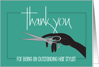 Hand Lettered Thank You to Outstanding Hair Stylist Hand and Scissors card