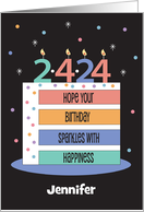 Rainbow Birthday Cake with 2-4-24 Birthdate Candles and Custom Name card