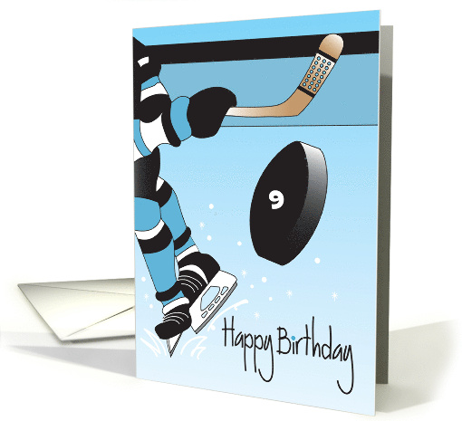 Ice Hockey Player Birthday with Custom Age on Black Hockey Puck card