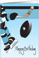 Ice Hockey Player Birthday with Custom Age on Black Hockey Puck card