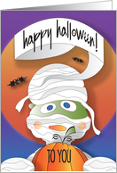 Hand Lettered Halloween with Wrapped Mummy Holding Pumpkin card