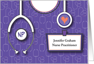 Graduation Female Nurse Practitioner Custom Name with Purple Scrubs card