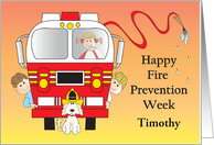 Fire Prevention Week Fire Truck Children and Dog with Custom Name card