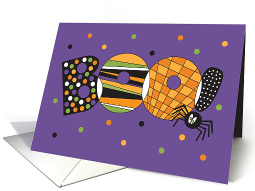 Hand Lettered Halloween BOO! with Spider and Confetti Celebration card