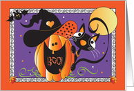 Hand Lettered Halloween Boo Jack O’ Lantern and Black Cat with Moon card
