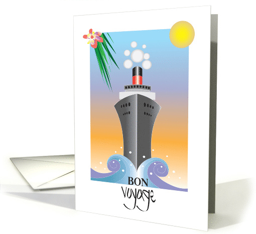 Hand Lettered Bon Voyage Cruise Ship with Rolling Ocean Waves card