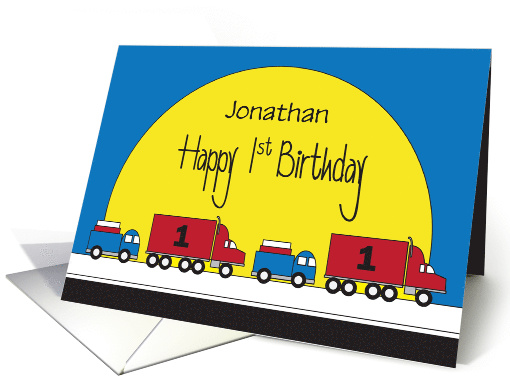 Birthday for One Year Old, Colorful Trucks with Custom Name card