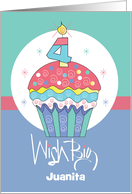 Birthday Cupcake 4 Year Old with Number Four Candle Custom Name card
