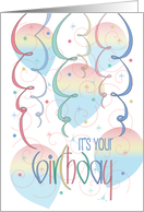 Hand Lettered Birthday Card, Curling Colorful Streamers & Confetti card