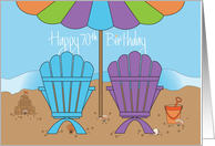 Hand Lettered Birthday 70 Year Old Beach Chairs and Bright Umbrella card