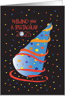Hand Lettered New Year’s 2025 with Party Hat and Colorful Confetti card
