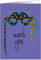 Mardi Gras Decorated Polka Dot and Spiral Mask with Colorful Ribbons card