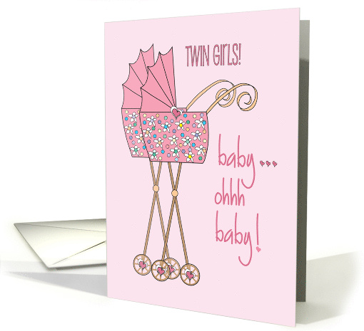 Twin Baby Girl Congratulations Pink Floral Strollers Baby... (919704)