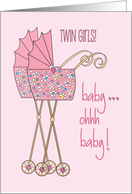 Twin Baby Girl Congratulations Pink Floral Strollers Baby Ohhh Baby card