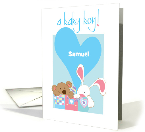 New Baby Boy Congratulations Bear and Bunny Toy Chest Custom Name card