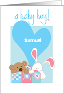 New Baby Boy Congratulations Bear and Bunny Toy Chest Custom Name card