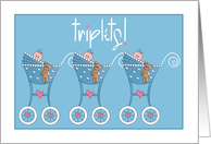 Hand Lettered Triplet Baby Boy Congratulations with Blue Strollers card