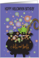 Birthday on Halloween Toad Stirring Black Cauldron Chills and Thrills card