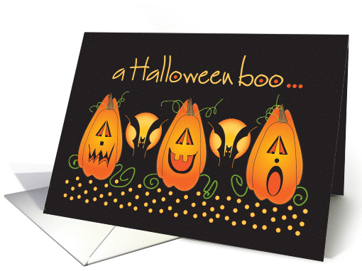Hand Lettered Halloween boo with trio of Jack O'Lanterns and bats card