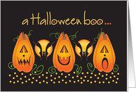 Hand Lettered Halloween boo with trio of Jack O’Lanterns and bats card