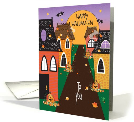 Halloween Street with Decorated Houses, Leaves & Pumpkins card