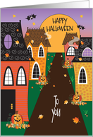 Halloween Street with Decorated Houses, Leaves & Pumpkins card