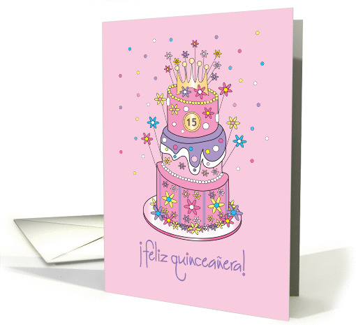 Feliz Quinceaera con pastel, flores y diadema card (938884)