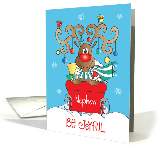 Christmas for Nephew, Be Joyful Reindeer in Sleigh with Ornaments card