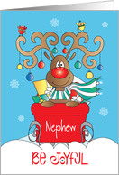 Christmas for Nephew, Be Joyful Reindeer in Sleigh with Ornaments card