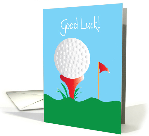 Hand Lettered Good Luck for Golfer with Golf ball, Tee and Pin card
