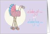 Girl and boy twin grandchildren congratulations with strollers card