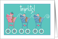 Triplet Baby Congratulations Two Boys One Girl Strollers with Hearts card