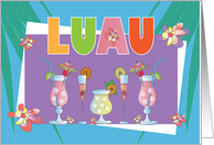 Bright Colored Luau Party Invitation with Tropical Drinks and Flowers card