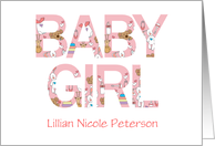 Congratulations for Baby Girl Baby Items in Pink Letters Custom Name card