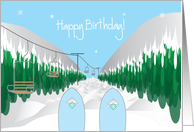 Happy Birthday for Snow Skiing with ski slope and ski tips card