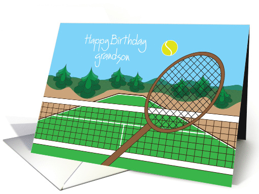 Happy Birthday for Grandson, Tennis with Racquet and Tennis Ball card