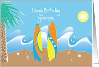 Happy Birthday for Grandson, Surfing, with beach, surfboards & waves card