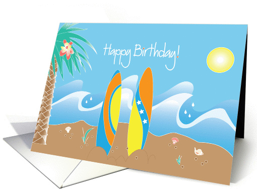 Happy Birthday for Surfer with beach, surfboards & waves card (961673)