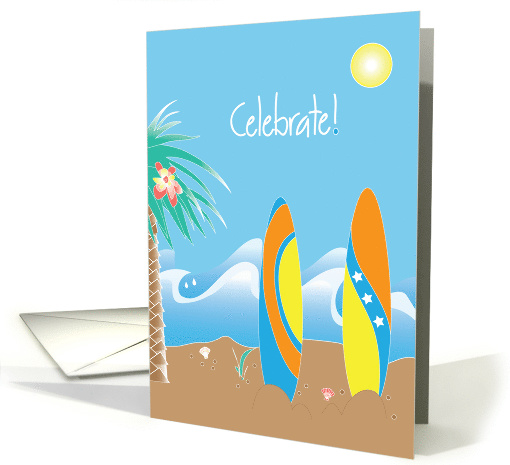 Congratulations for Surfing Event with beach, surfboards & waves card