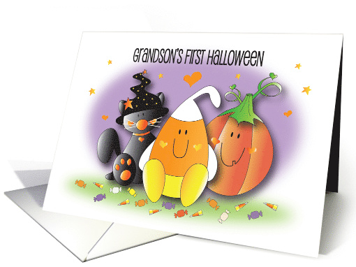 1st Halloween for Grandson, Black Kitty, Candy Corn and Pumpkin card