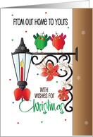 From our Home to Yours Birds on Porch Light with Poinsettias and Bow card