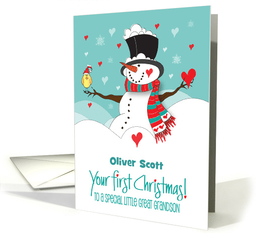 First Christmas Great Grandson Snowman and Bird with Custom Name card