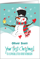 First Christmas Great Grandson Snowman and Bird with Custom Name card