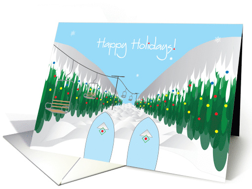 Hand Lettered Christmas Skiing with skiis and tree lined slope card
