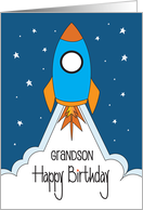 Hand Lettered Birthday For Grandson with Blue and Orange Rocket Ship card