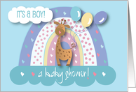 Hand Lettered Baby Boy Shower Invitation Rainbow Giraffe and Balloons card
